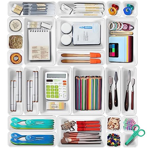 Purpledi Organizador de Cajones para Baño, 24 pcs Separadores de Plastico para Cocina, Organizador de Bandejas, Cajas Apilables para Almacenamiento (Blanco)