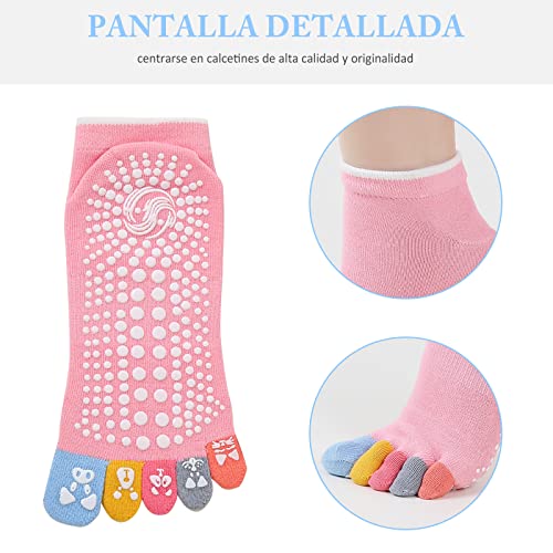 PUTUO Calcetines de Yoga con Dedos para Mujer: Calcetines de Pilates Antideslizantes para Mujer Calcetines Deportivos de Algodón de Cinco Dedos para Fitness Ballet Talla 36-43 3 Pares