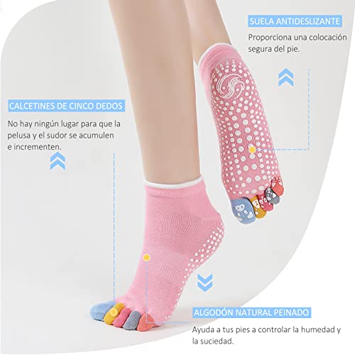 PUTUO Calcetines de Yoga con Dedos para Mujer: Calcetines de Pilates Antideslizantes para Mujer Calcetines Deportivos de Algodón de Cinco Dedos para Fitness Ballet Talla 36-43 3 Pares