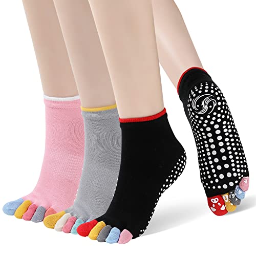 PUTUO Calcetines de Yoga con Dedos para Mujer: Calcetines de Pilates Antideslizantes para Mujer Calcetines Deportivos de Algodón de Cinco Dedos para Fitness Ballet Talla 36-43 3 Pares