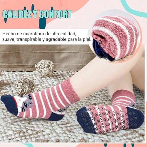 PUTUO Invierno Calcetines Antideslizantes para Mujer: Calcetines de Casa Termicos Cálidos para Mujer Calcetines Gruesos para Dormir con Divertido Gato Regalos para Navidad 5 Pares 35-41