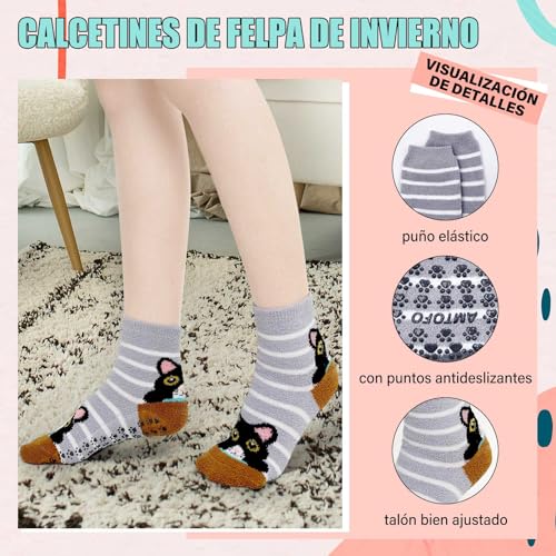 PUTUO Invierno Calcetines Antideslizantes para Mujer: Calcetines de Casa Termicos Cálidos para Mujer Calcetines Gruesos para Dormir con Divertido Gato Regalos para Navidad 5 Pares 35-41