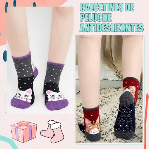 PUTUO Invierno Calcetines Antideslizantes para Mujer: Calcetines de Casa Termicos Cálidos para Mujer Calcetines Gruesos para Dormir con Divertido Gato Regalos para Navidad 5 Pares 35-41