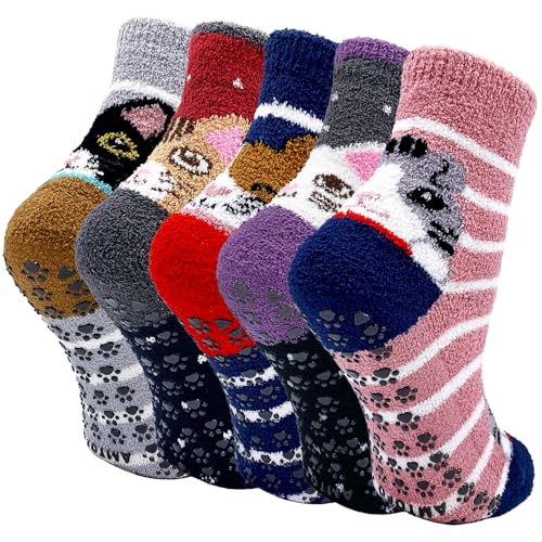 PUTUO Invierno Calcetines Antideslizantes para Mujer: Calcetines de Casa Termicos Cálidos para Mujer Calcetines Gruesos para Dormir con Divertido Gato Regalos para Navidad 5 Pares 35-41