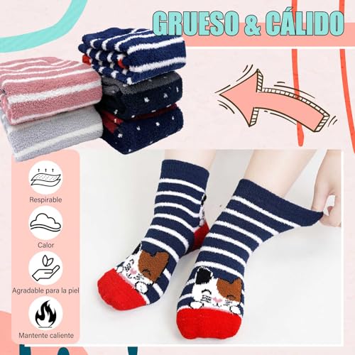 PUTUO Invierno Calcetines Antideslizantes para Mujer: Calcetines de Casa Termicos Cálidos para Mujer Calcetines Gruesos para Dormir con Divertido Gato Regalos para Navidad 5 Pares 35-41