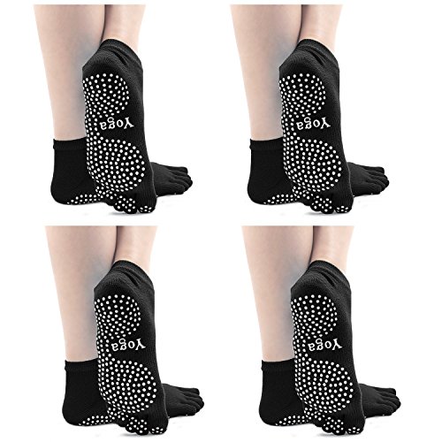 PUTUO Mujer Calcetines Pilates Yoga Antideslizantes, Mujer Cinco Calcetines de los Dedos para Pilates Yoga Danza Gimnasio Deportes Artes Marciales, 4 pares