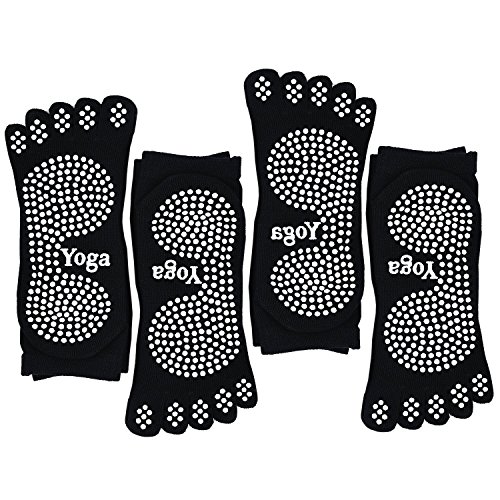 PUTUO Mujer Calcetines Pilates Yoga Antideslizantes, Mujer Cinco Calcetines de los Dedos para Pilates Yoga Danza Gimnasio Deportes Artes Marciales, 4 pares