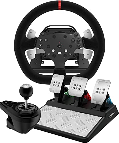 PXN V10 Volante con Pedales y Palanca de Cambios - Force Feedback, 270&900°, Ajuste Muelle Tres Pedales, Shifter H, Tool App, Driving Force Volante para PC, PS4 y Xbox