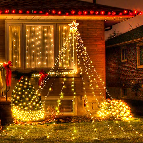 Qedertek Cortina de Luces con Estrella, 317 LED Luces de Navidad Decorativas, Guirnalda Luces Led Blanco Calido, Cortina Luces LED para Decoración Navidad, Bodas, Fiesta, Exterior, Arboles, jardín