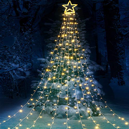 Qedertek Cortina de Luces con Estrella, 317 LED Luces de Navidad Decorativas, Guirnalda Luces Led Blanco Calido, Cortina Luces LED para Decoración Navidad, Bodas, Fiesta, Exterior, Arboles, jardín