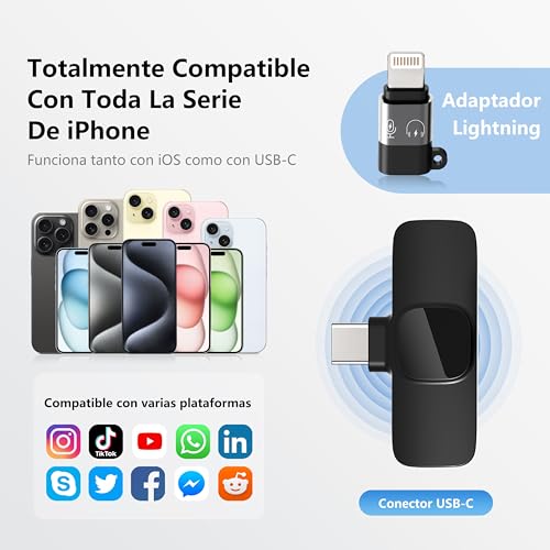 Qhot Microfono Inalambrico para iPhone, Micrófono Lavalier Inalámbrico Bluetooth Plug-Play para Grabación de Video, Portátil, Podcast, Vlog, YouTube/TikTok (iOS&USB-C/2 Mic)