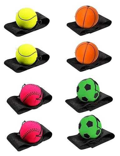 QINGHEC 8 pelotas de saltar con cuerda, diámetro de 6 cm, bola de retorno, pelota con banda elástica, juguete deportivo para niños y adultos, fútbol, baloncesto, softbol, béisbol