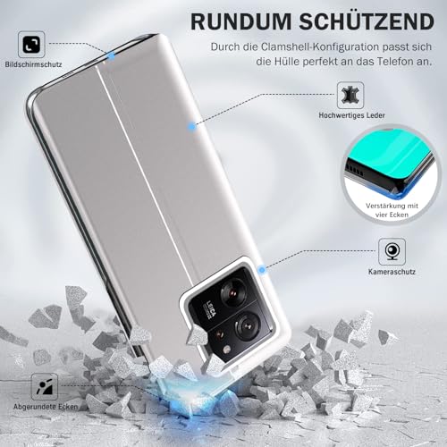 Qissy Funda para Xiaomi 13T Pro teléfono móvil funda plegable flip cuero duro PC resistente a los golpes funda fina espejo para Xiaomi 13T Pro 5G funda con soporte plegable funda transparente para