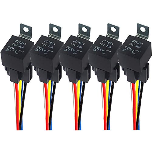 QitinDasen 5 Piezas 5 Pines Coche Relé, 12V 40A SPDT Relé Automotriz con Toma de Arnés y 14/16 AWG Precableado, para Auto Camión Barco (Negro)