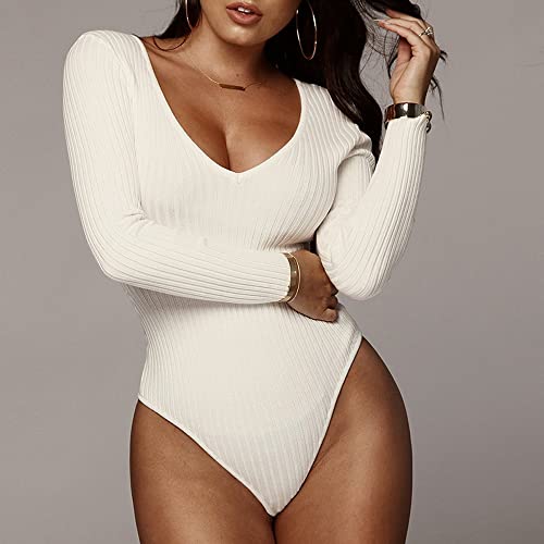 QKEPCY Body Mujer Sexy Cuello en V Bodies Vestir Manga Larga Elegante Mono de Negro Mujer Clásico Bodysuit Jumpsuit Suave Cálida Tops (XL, Blanco)