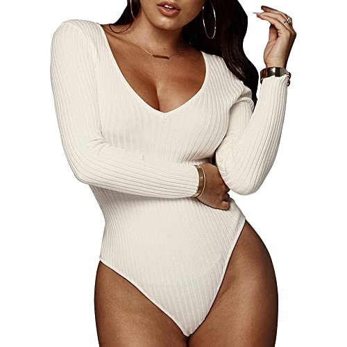 QKEPCY Body Mujer Sexy Cuello en V Bodies Vestir Manga Larga Elegante Mono de Negro Mujer Clásico Bodysuit Jumpsuit Suave Cálida Tops (XL, Blanco)