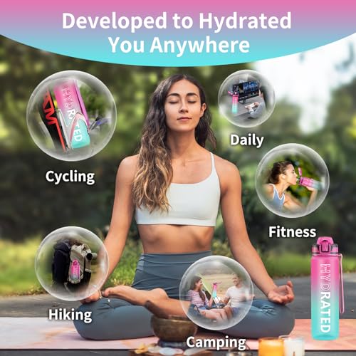 QLUR Botella Agua, 1 Litro Botella Agua Gimnasio con Pajita, Antiderrame Botella de Agua Deportiva, Cantimplora sin BPA con Marcador de Tiempo y Cepillo para Oficina, Escuela, Yoga