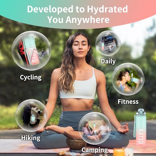 QLUR Botella Agua, 1 Litro Botella Agua Gimnasio con Pajita, Antiderrame Botella de Agua Deportiva, Cantimplora sin BPA con Marcador de Tiempo y Cepillo para Oficina, Escuela, Yoga