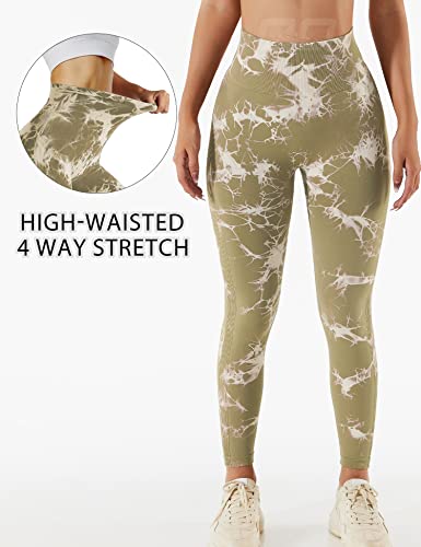 QOQ Leggings de entrenamiento sin costuras de cintura alta para mujer, levantamiento de glúteos, gimnasio, yoga, con control de abdomen vital, medias fruncidas, #01 New Tie Dye Scrunch Marrón S, Small