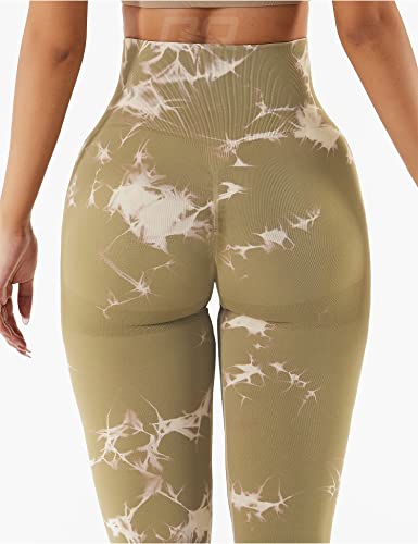 QOQ Leggings de entrenamiento sin costuras de cintura alta para mujer, levantamiento de glúteos, gimnasio, yoga, con control de abdomen vital, medias fruncidas, #01 New Tie Dye Scrunch Marrón S, Small