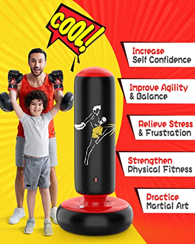 QPAU Bolsa de Boxeo Inflable de 66 Pulgadas, Gran Regalo de Juguete para niños y niñas de 3 5 8 10 12, Bolsa de Boxeo con Soporte para niños para aliviar la energía y Practicar Karate, Taekwondo