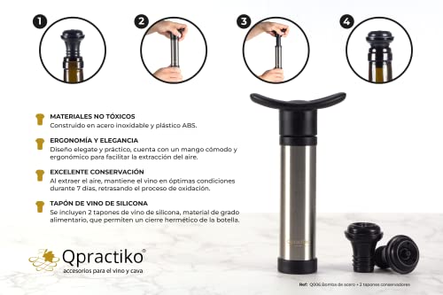 Qpractiko - Bomba de Vacío para Vino de Acero Inoxidable | Conservador de Sabor y Aroma | Uso Sencillo | Incluye 2 Tapones de Silicona, Plata, Acero Inoxidable