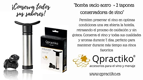 Qpractiko - Bomba de Vacío para Vino de Acero Inoxidable | Conservador de Sabor y Aroma | Uso Sencillo | Incluye 2 Tapones de Silicona, Plata, Acero Inoxidable