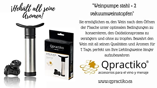 Qpractiko - Bomba de Vacío para Vino de Acero Inoxidable | Conservador de Sabor y Aroma | Uso Sencillo | Incluye 2 Tapones de Silicona, Plata, Acero Inoxidable