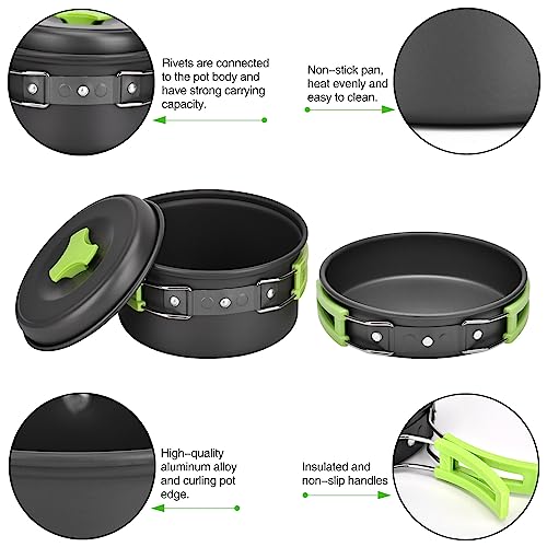 Qtiwe Juego de vajilla de Camping, Camping Cookware Outdoor Libre , Camping Utensilios de Cocina Plegable de 10 Piezas para Senderismo, Picnic, Barbacoa, Certificado por la FDA