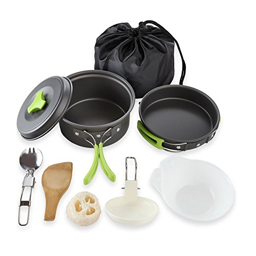 Qtiwe Juego de vajilla de Camping, Camping Cookware Outdoor Libre , Camping Utensilios de Cocina Plegable de 10 Piezas para Senderismo, Picnic, Barbacoa, Certificado por la FDA