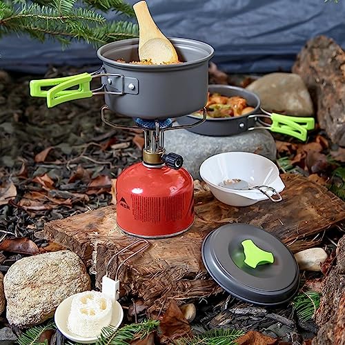 Qtiwe Juego de vajilla de Camping, Camping Cookware Outdoor Libre , Camping Utensilios de Cocina Plegable de 10 Piezas para Senderismo, Picnic, Barbacoa, Certificado por la FDA