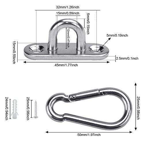 QUCUMER 12 Pcs Anclajes Pared 5mm 6 Pcs Placa de Ojo y 6 Mosquetones Acero Inoxidable Ganchos de Techo Gancho Saco Boxeo Argolla Pared para Saco de Boxeo Hamaca Sillón Columpio Toldos, Capacidad 50KG