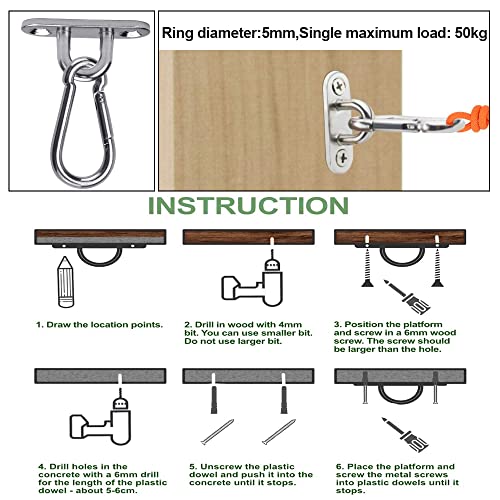 QUCUMER 12 Pcs Anclajes Pared 5mm 6 Pcs Placa de Ojo y 6 Mosquetones Acero Inoxidable Ganchos de Techo Gancho Saco Boxeo Argolla Pared para Saco de Boxeo Hamaca Sillón Columpio Toldos, Capacidad 50KG