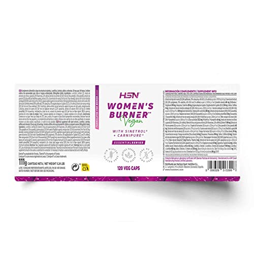 Quemador Especial Mujer - Women's Burner - HSN | 120 Cápsulas Vegetales - contribuye al metabolismo normal de los ácidos grasos* - con Cafeína Té Verde Sinefrina Guaraná | No-GMO, Vegano, Sin Gluten