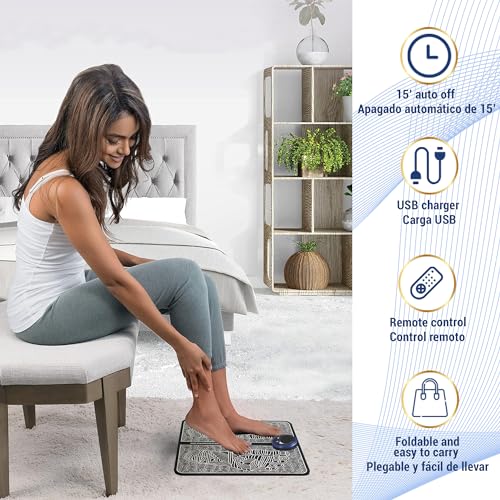 Quequen Masajeador de Pies Electrico - Presoterapia Para Casa - 19 intensidades y 8 modos, control remoto y parches de electrodos para piernas, manual ingles y español