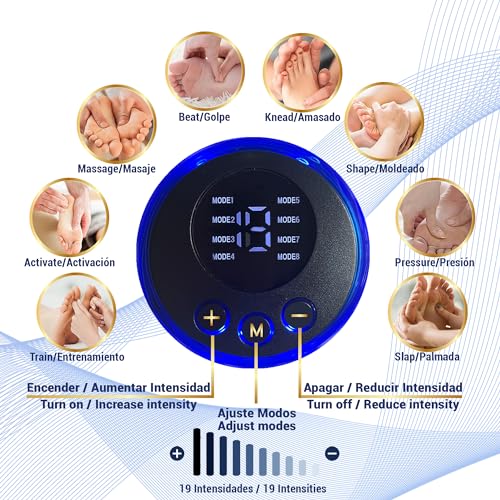 Quequen Masajeador de Pies Electrico - Presoterapia Para Casa - 19 intensidades y 8 modos, control remoto y parches de electrodos para piernas, manual ingles y español