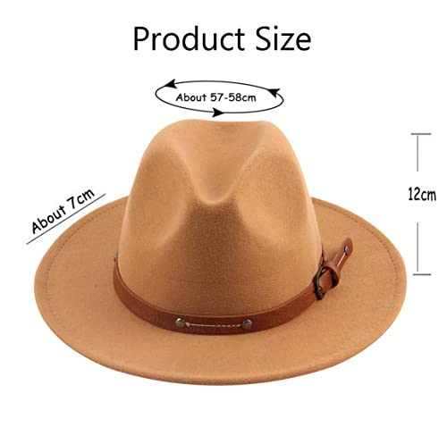 QUUPY Sombrero Fedora clásico de fieltro caqui de ala ancha, sombrero de Panamá para otoño e invierno, sombrero de jazz con remache cinturón hebilla banda y cordón ajustable