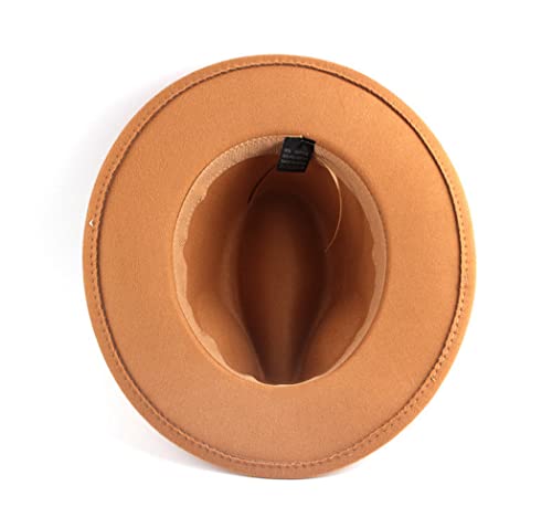 QUUPY Sombrero Fedora clásico de fieltro caqui de ala ancha, sombrero de Panamá para otoño e invierno, sombrero de jazz con remache cinturón hebilla banda y cordón ajustable