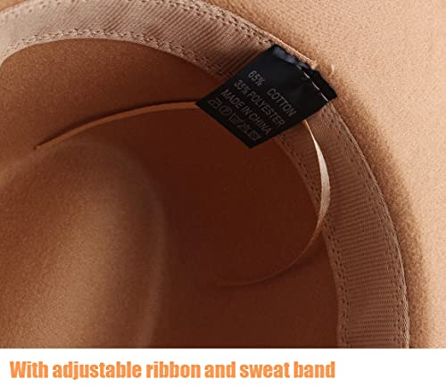 QUUPY Sombrero Fedora clásico de fieltro caqui de ala ancha, sombrero de Panamá para otoño e invierno, sombrero de jazz con remache cinturón hebilla banda y cordón ajustable