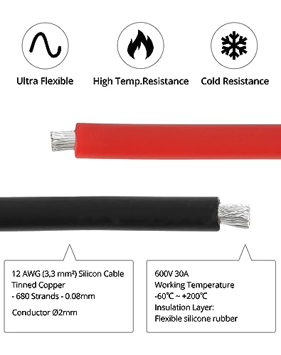 QWORK 12 AWG 3,3 mm² Cable de Silicona - 3 m Negro y 3 m Rojo - Cable Electrico 680 Hilos Alambre de Cobre Estañado para RC Coche, Avión no Tripulado, Batería de Avión, etc