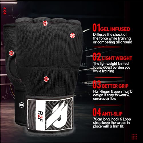 R2F Gel Vendas Boxeo para Manos Guantes Interiores, Muñequeras Rápidas de 70 cm de Largo, Elásticos, Puño Acolchado Protección para Manos, Muay Thai MMA Artes Marciales Vendas de Entrenamiento