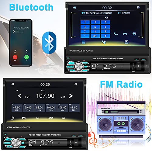 Radio Coche 1 DIN Apple Carplay Android Auto con 7 Pulgadas Pantalla Táctil Plegable, Pantalla para Coche Bluetooth, Autoradio con Mirror Link USB/TF/AUX +Cámara Trasera AHD