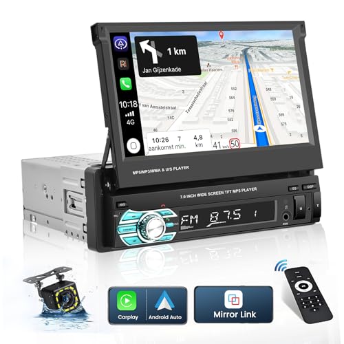 Radio Coche 1 DIN Apple Carplay Android Auto con 7 Pulgadas Pantalla Táctil Plegable, Pantalla para Coche Bluetooth, Autoradio con Mirror Link USB/TF/AUX +Cámara Trasera AHD