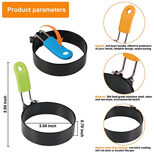 Rairsky Molde de Huevo Frito, 4 Unidades Anillo de Huevo Frito de Acero Inoxidable con Asas Plegables, Moldes Huevos Fritos Tortitas Antiadherente para Huevos Fritos, Hamburguesa, SáNdwich, Pancake