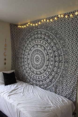 RAJRANG BRINGING RAJASTHAN TO YOU Tapiz de mandala para colgar en la pared, tapices de algodón decorativos en blanco y negro, 213 x 137 cm