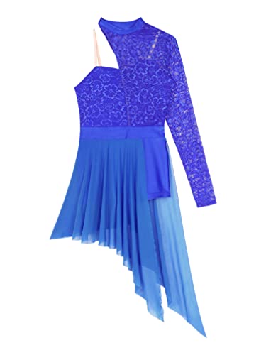 ranrann Asimétrico Vestido de Ballet Encaje para Mujer Maillot Danza Clásica con Falda Una Manga Vestido de Baile Lírico Contemporánea Dancewear Azul E XL