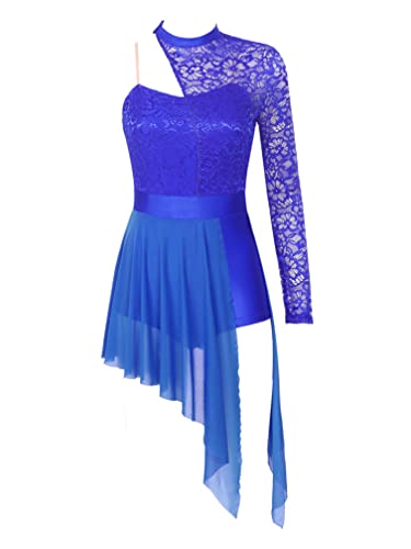 ranrann Asimétrico Vestido de Ballet Encaje para Mujer Maillot Danza Clásica con Falda Una Manga Vestido de Baile Lírico Contemporánea Dancewear Azul E XL