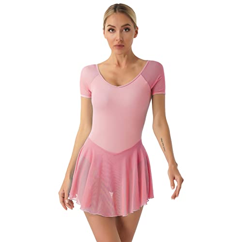 ranrann Maillot de Patinaje Artístico con Falda Gasa para Mujer Vestido Diamante Danza Ballet Sin Mangas Leotardo Gimnasia Rítmica Disfraz Patinadora Rosa H M