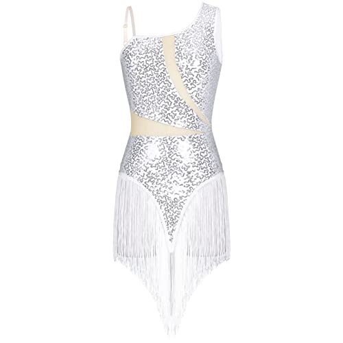 ranrann Vestido de Baile Latino Lentejuelas para Mujer Vestido Flecos de Danza Tango Rumba Salsa Samba Traje de Actuación Fiesta Baile de Salón Blanco C S