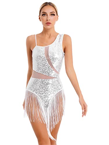 ranrann Vestido de Baile Latino Lentejuelas para Mujer Vestido Flecos de Danza Tango Rumba Salsa Samba Traje de Actuación Fiesta Baile de Salón Blanco C S